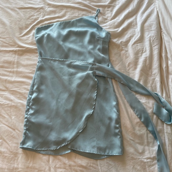 Santorini Satin Wrap Dress in Dusty Blue - Picture 4 of 5